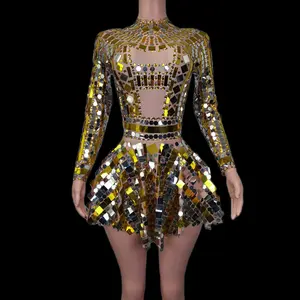 セクシーなキラキラスパンコールトップスカート2ピースセット女性ダンスウェアフェスティバル衣装セットステージパフォーマンスウェアパーティークラブAラインドレス