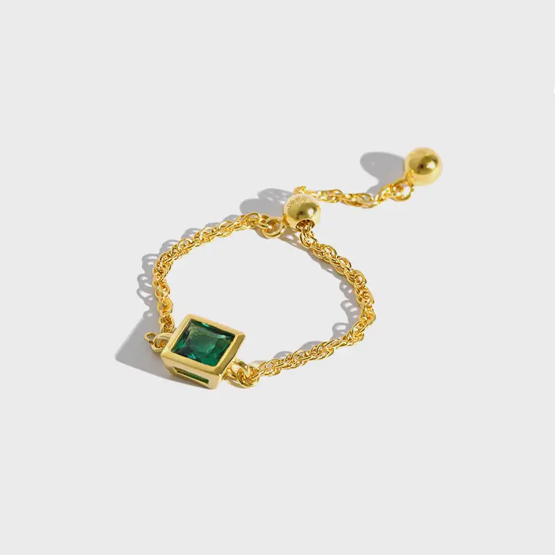 S925 sterling silver temperamental square white yellow green Jacinth 4A zircon emerald chain ring