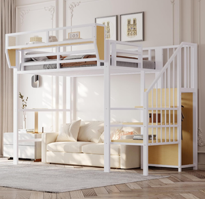 <span class=keywords><strong>Lit</strong></span> superposé moderne <span class=keywords><strong>en</strong></span> <span class=keywords><strong>métal</strong></span> <span class=keywords><strong>blanc</strong></span> avec escalier, étagère de chevet, garde-corps antidérapant et espace de rangement/lieu de travail multifonctionnel - Product Image 1