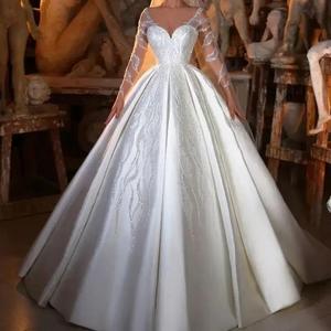 Vestidos de Novia Elegantes Personalizados de Satén con Mangas Largas de Ilusión y Apliques de Cuentas para Mujer - Product Image 3