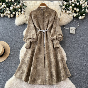 Robe élégante pour femmes, <span class=keywords><strong>vintage</strong></span>, à col rond, à manches bouffantes, à boutons, à taille nouée, avec broderie complexe - Product Image 5