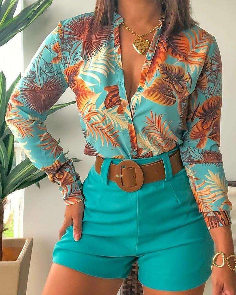 Hot Sale Summer Spring Casual Two-piece Flower Lady Clothing Blouses Shirt  Set Long Sleeve Elegant Office Woman Blouse