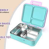 Boîte à lunch bento rectangulaire en plastique sans BPA, résistante aux micro-ondes, étanche, avec 3 compartiments intérieurs en acier inoxydable 304, pour enfants