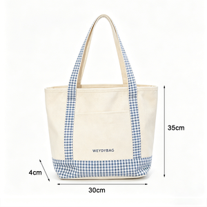 Custom Logo Plaid Contrast Trim Design Canvas Tote <strong>Bag</strong> Large Capacity Durable Fabric Shopper <strong>Bag</strong> <strong>Foldable</strong> Premium Shopping <strong>Bag</strong> - Product Image 6