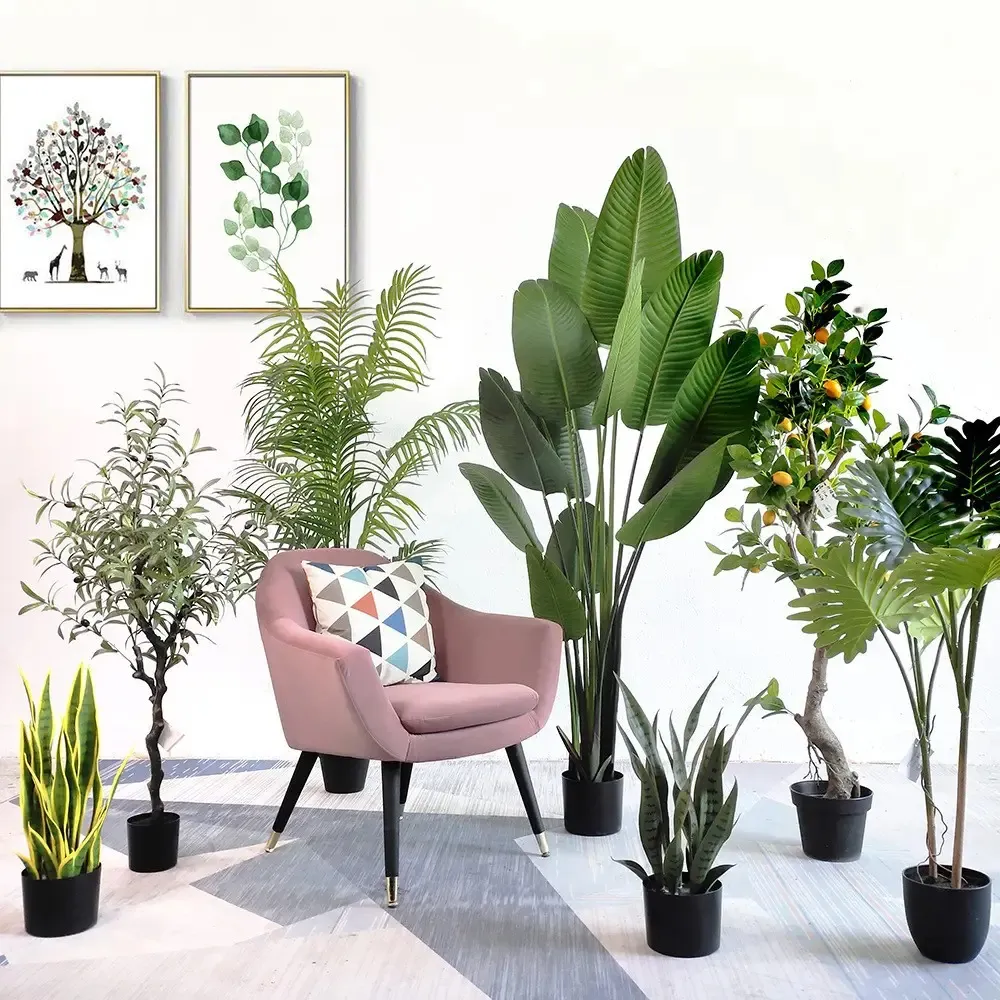 Wholesale Green Plants In Pots palm Olive Bamboo Banana Artificial Bonsai Tree Silk Artificial Plants For Home Decor Indoor