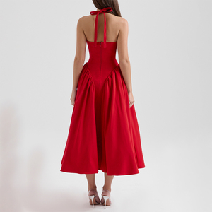 Abito Midi Rosso in Twill con Collo Halter per Donne, Elegante Vestito da Cocktail, Abito Elegante da Festa, Vendita all'Ingrosso - Product Image 5