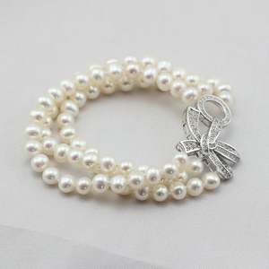 <b>Freshwater</b> <b>Pearls</b> <b>Bracelet</b> Nearly Round Multiple Rows Clean Flawless 5.5-6mm Three Rows <b>Pearl</b> Bangle - Product Image 2
