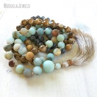 MN21302 Collier Mala 108 perles pour chant tribal, en Jaspe image et Amazonite, perles nouées à la main, pierre naturelle Map Stone, bijoux de yoga en gros