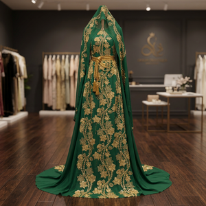 <b>Emerald</b> Green Embroidered Organza Ball Gown Chapel Train Halter Neck Full Sleeve Floral Print Prom Evening <b>Dress</b> Empire Waist - Product Image 3