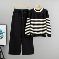 Femmes nouveau à la mode décontracté deux pièces ensemble élégant rayé pull pull automne hiver à la mode lâche torsion pantalon large