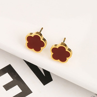 Pendientes de tuerca chapados en oro de 18K para mujer, joyería de piedras preciosas de acero inoxidable, trébol de cinco hojas, flor Vintage delicada