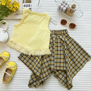 Completo Estivo per Bambina <span class=keywords><strong>con</strong></span> Gilet <span class=keywords><strong>con</strong></span> Frange e Gonna Irregolare a Quadri, Outfit Due Pezzi per Vacanze - Product Image 2