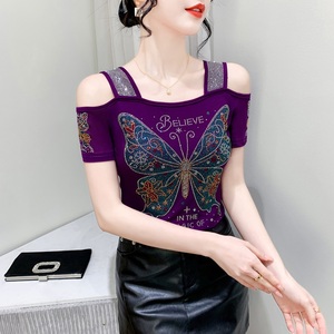 Luxury Diamond Breathable <strong>Mesh</strong> Women <strong>Tops</strong> Shinny <strong>Rhinestone</strong> Butterfly T Shirts in the Magic of Believe Out off Shoulder T-shirt - Product Image 4