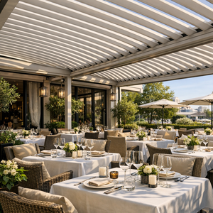 Pergola bioclimatique en aluminium durable METGOOD - Auvent à lames orientables pour <span class=keywords><strong>restaurant</strong></span>, modè<span class=keywords><strong>le</strong></span> Pergola260228, cadre thermolaqué - Product Image 4