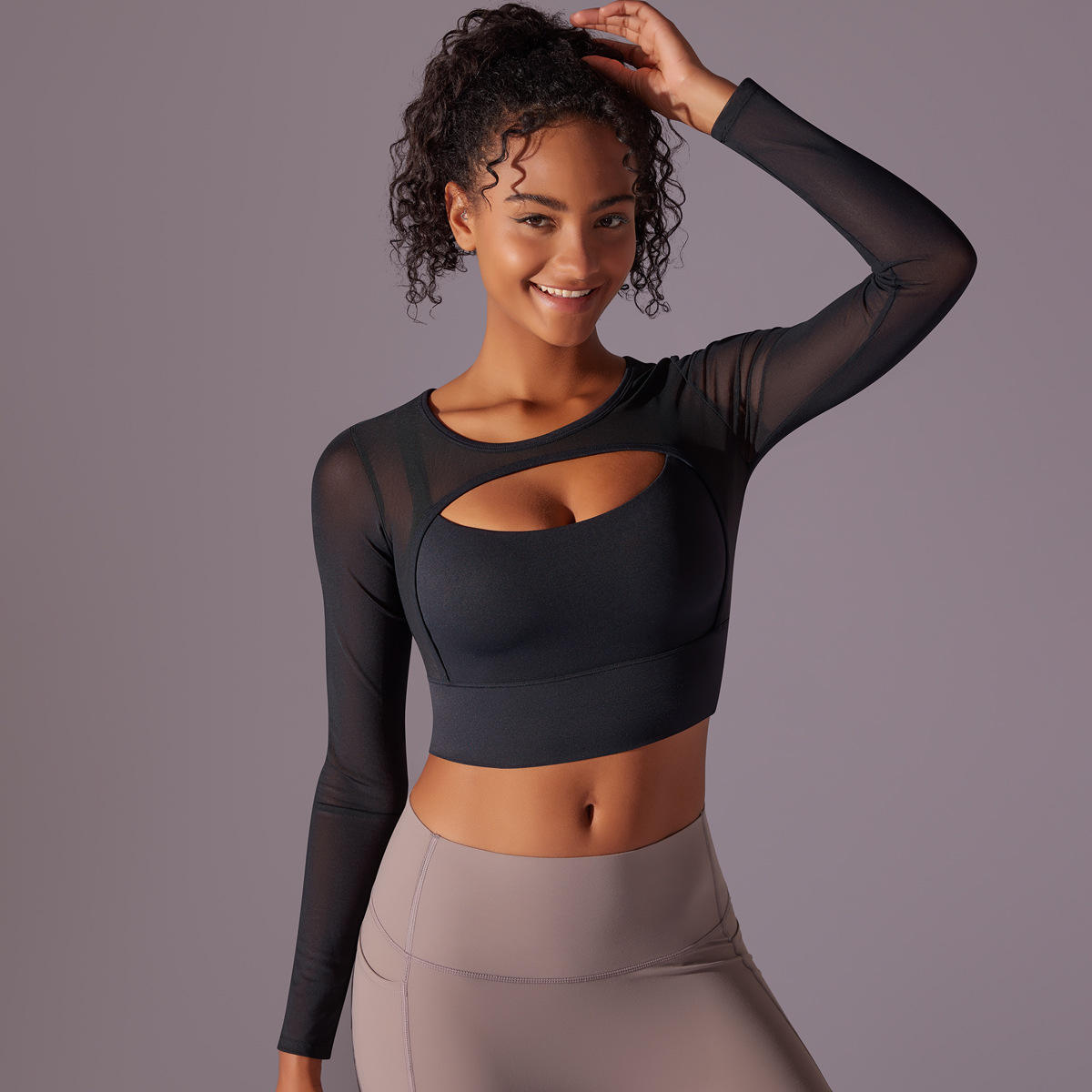 Long Sleeve Sexy Mesh Patchwork Sports Bra Seamless Nylon Workout Shirts Top Gym Fitness Crop Top with Padded Yoga Crop Top
