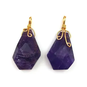 New Designs Irregular Faceted Cut Real Stone Crystal Handmade Jewelry Gold Wire Wrapped Natural Amethyst Pendant for Women Gift