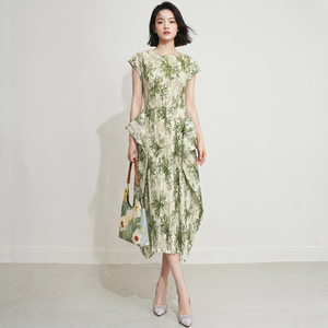 Vestido Midi 2026 con Diseño Artístico, Pliegues en Contraste, Tejido Ecológico, Diseño Irregular, Elegante, Casual, Estampado Floral, para Dama - Product Image 2