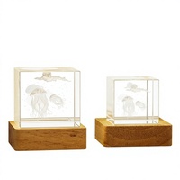 Cube de méduse et de dauphin gravé au laser, base de veilleuse lumineuse, ornement de bureau créatif en quartz transparent, style moderne et minimaliste
