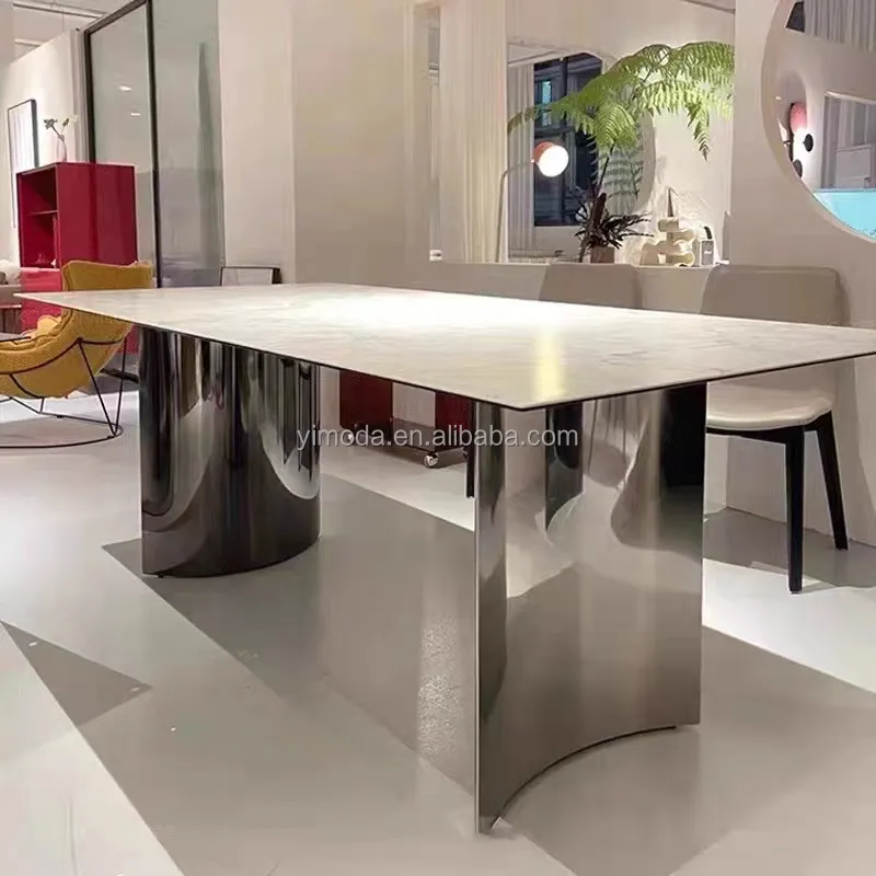 Desain baru disesuaikan mewah persegi panjang 8 dudukan logam batu Italia Modern meja makan mewah putih marmer meja makan