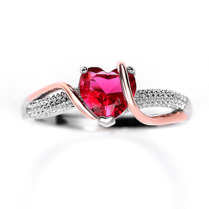 Anello a Cuore Rosso da Donna, Gioiello alla Moda con Zirconi, Placcatura Bicolore, Stile Fidanzamento, Regolabile, Anello Statement - Product Image 1