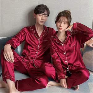 Sfy-y504 Однотонная атласная одежда для сна, комплект одежды для пары, длинная Мужская пижама на пуговицах, шелковая пижама для женщин, комплект