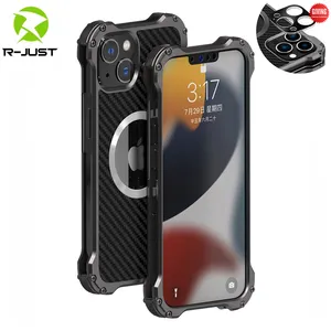 Luxury R-just Carbon Fiber Lens Protection Phone Case For iPhone 15 14 13 12 Pro Max Plus Mini Silm Metal Bumper Back Cover