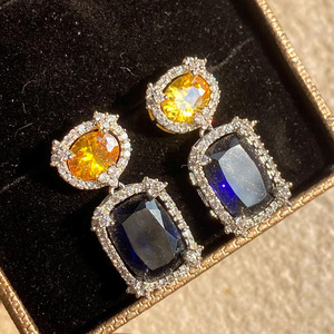 Orecchini Pendenti Quadrati in Zircone Blu Bicolore per Donne, Gioielli Eleganti Vintage alla Moda - Product Image 1