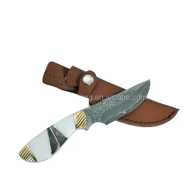 Festes Klingen messer Damast stahl messer Jagdmesser und Muschel griff mit Ledertasche