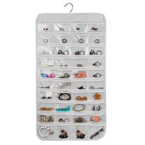Hanging Jewelry Organizer Travel Foldable Jewelry Roll Storage Case 80 Pockets Hanging Jewelry Dual-Sided ring Holder Organizer