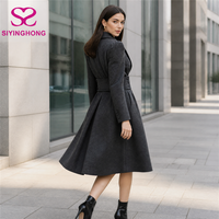 Robe Blazer Femme Sur Mesure Coupe Trapèze à Col Pointu Manches Longues Épaules Bouffantes Ceinture Large Robe de Travail de Bureau Charbon Hiver Vente en Gros
