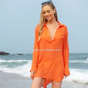 JINRU cotone tinta unita costume da bagno da donna con scollo a V Bikini <span class=keywords><strong>copricostume</strong></span> da spiaggia con bottoni 1 pezzo camicia blusa da spiaggia - Product Image 3