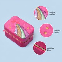 Boîte à bijoux zippée en velours rose vif avec broderie étoile, rouleaux à bagues et intérieur à pois, étui cadeau de voyage pour jeune fille