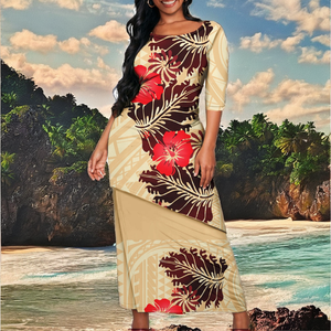 Nouvelle Robe Midi Hawaïenne à Imprimé Hibiscus pour Femme, Manches Décontractées, Vêtements Polynésiens Samoans, Îles d'Asie-Pacifique - Product Image 2