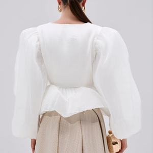 Blusa de Moda de Algodón con Diseño Nuevo, Blusa Informal Elegante con Mangas Abullonadas y Pliegues para Mujer, Tops de Verano - Product Image 2