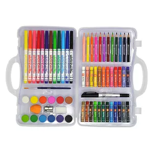 Non-Toxic Kids Plastic Case Watercolor Pen Colour Pencil 65 Pieces Art Drawing Set With wax crayons