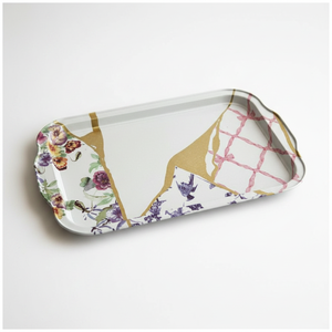 Plateau décoratif moderne en marbre naturel Kontensan, grand format 215x316mm, rectangulaire, en métal, motif floral veiné or Kintsugi, pour la maison et la restauration - Product Image 2