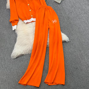 Dames 2-delige set, modieus gebreid setje, tweedelig met metalen knopen, geborduurde top, wijde broek met hoge taille - Product Image 6