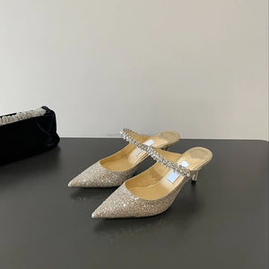 Chaussures JimmysChoos pour femmes, design de marque, en cuir véritable, hauteur 6,5 cm, style classique, chaîne diamantée, demi-mules ornées de cristaux - Product Image 1