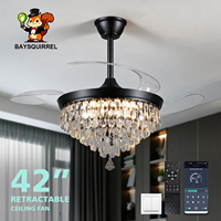 Ventilateur de plafond rétractable avec lustre en cristal de 42 pouces, lumière LED à 3 couleurs réglables, moteur DC réversible pour usage domestique en intérieur