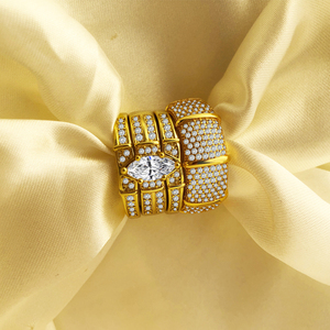 Ensemble de 4 bagues pour couple plaquées or 18 carats, micro-zircon pavé complet, bague pour homme, bague empilable marquise pour femme, bijoux de mariage et de fiançailles - Product Image 2