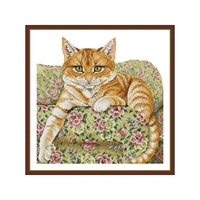 Orange Katze auf dem Sofa DIY Tier- und Blumenmuster Handgemachtes Kreuzstich-Set für Anfänger Heimdekoration Handstickerei-Kit