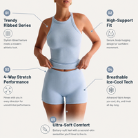 Ensemble de yoga côtelé bleu glace premium pour femme avec débardeur dos nu sans manches et mini-short taille haute – Marques de fitness de boutique