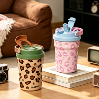 Vaso Térmico Personalizado con Estampado de Leopardo, de Acero Inoxidable, Aislado al Vacío, Doble Boca, Antiderrames, para Café al Aire Libre, con Pajita