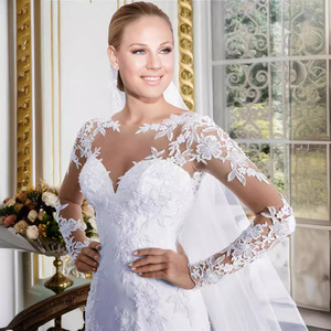 Wedding Dress Mermaid Silhouette Sweetheart Neckline White Floral Lace Long Sleeve With Veil For Bride - Product Image 3