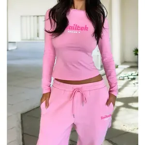 2024 Women Clothing Custom Women's Sets High Quality Pink 2 Piece Long Sleeve Crop Top And Pants Set Women Loungewear Sets