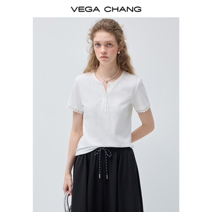 T-shirt en coton à manches courtes VEGA CHANG, style français élégant, coupe ajustée, non restrictif, couleur blanc pur minimaliste, effet éclaircissant. - Product Image 5