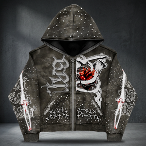 Ensemble de sweats à capuche vintage délavés à l'acide avec logo personnalisé, fermeture éclair quart de tour, 100 % coton, strass, 360 g/m² - Product Image 3
