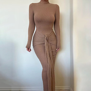 High Neck Long Sleeve Maxi Dress With Ruched <b>Wrap</b> Tie Waist Slim Fit Evening Dress Full Length Comfortable <b>Stretch</b> Fabric - Product Image 1