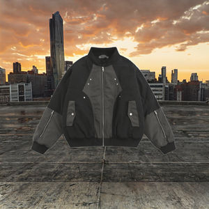 Chaqueta Bomber Larga Informal Unisex Negra y Gris, Tejido de Nailon de Alta Calidad, Cierre de Cremallera, Cuello Alto, Bolsillos Utilitarios, Ropa Urbana - Product Image 3