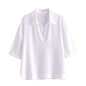 เสื้อเชิ้ตผู้ชายผ้าลินินผสมฝ้าย ระบายอากาศดี สีพื้น ลำลอง คอวี แขนยาว ไซส์ใหญ่ ทรงหลวม ใส่สบายสำหรับฤดูร้อน - Product Image 1